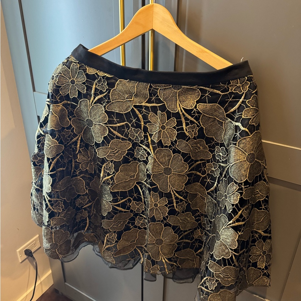 Eva Franco Black and Gold Floral A-Line Skirt